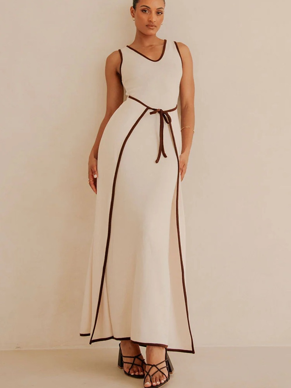 SABO skirt Jazmin V-Neck Tie Waist Knit Maxi Tank Cream Brown Dress Size 12 New!